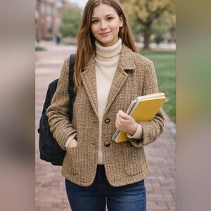 TALBOTS Women's Neutral Brown Tweed Jacket 14